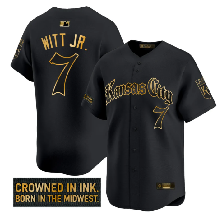 Bobby Witt Jr Jersey #7 Kansas City Royals Gothic Crown Edition Black Gold