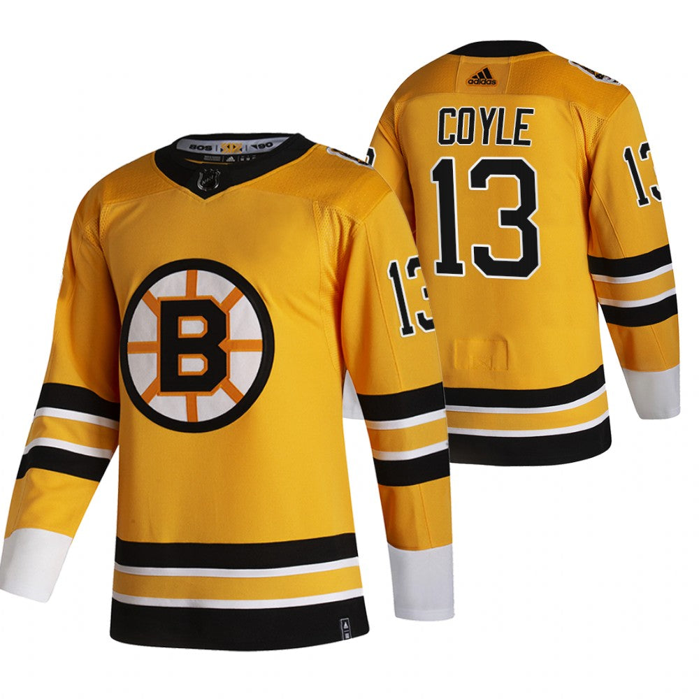 Boston Bruins 13 Charlie Coyle Yellow Mens Adidas 2020 21 Reverse Retro Alternate Nhl Jersey