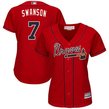 Braves 7 Dansby Swanson Red Alternate Womens Stitched Baseball Jersey