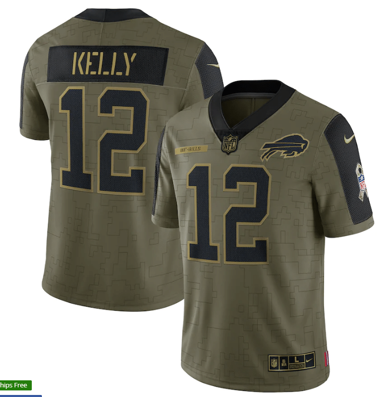 Buffalo Bills Jim Kelly 12 Nfl Olive 2021 Salute To Service Retired Player Men Jersey For Bills Fans
