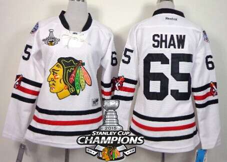 Chicago Blackhawks 65 Andrew Shaw 2015 Winter Classic White Womens Jersey W2015 Stanley Cup Champion Patch