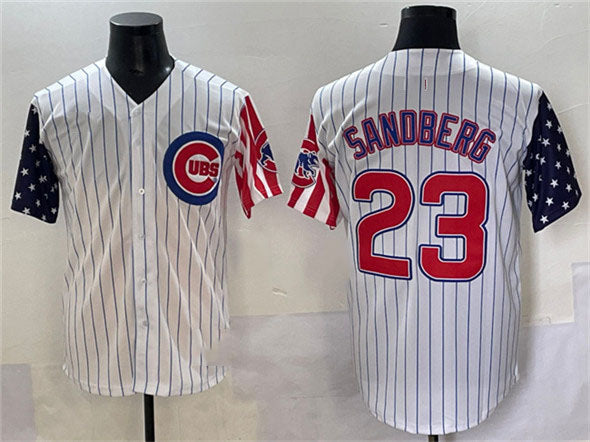 Chicago Cubs #23 Ryne Sandberg White Pinstripe 2025 Independence Day Vapor Premi