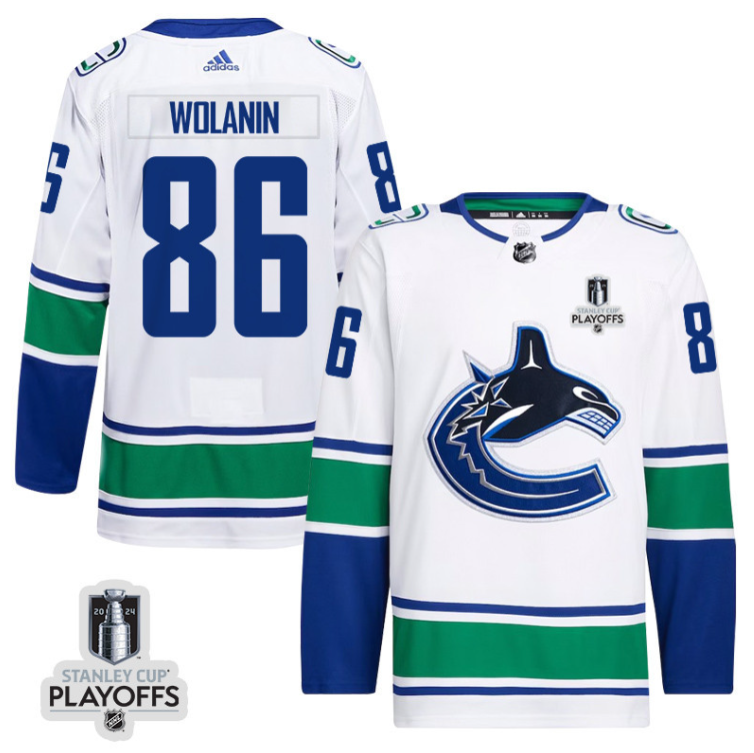 Christian Wolanin 86 Vancouver Canucks 2024 NHL Playoffs Patch Away Jersey Men