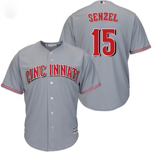 Cincinnati Reds 15 Nick Senzel Mens Replica Majestic Cool Base Road Jersey Gray