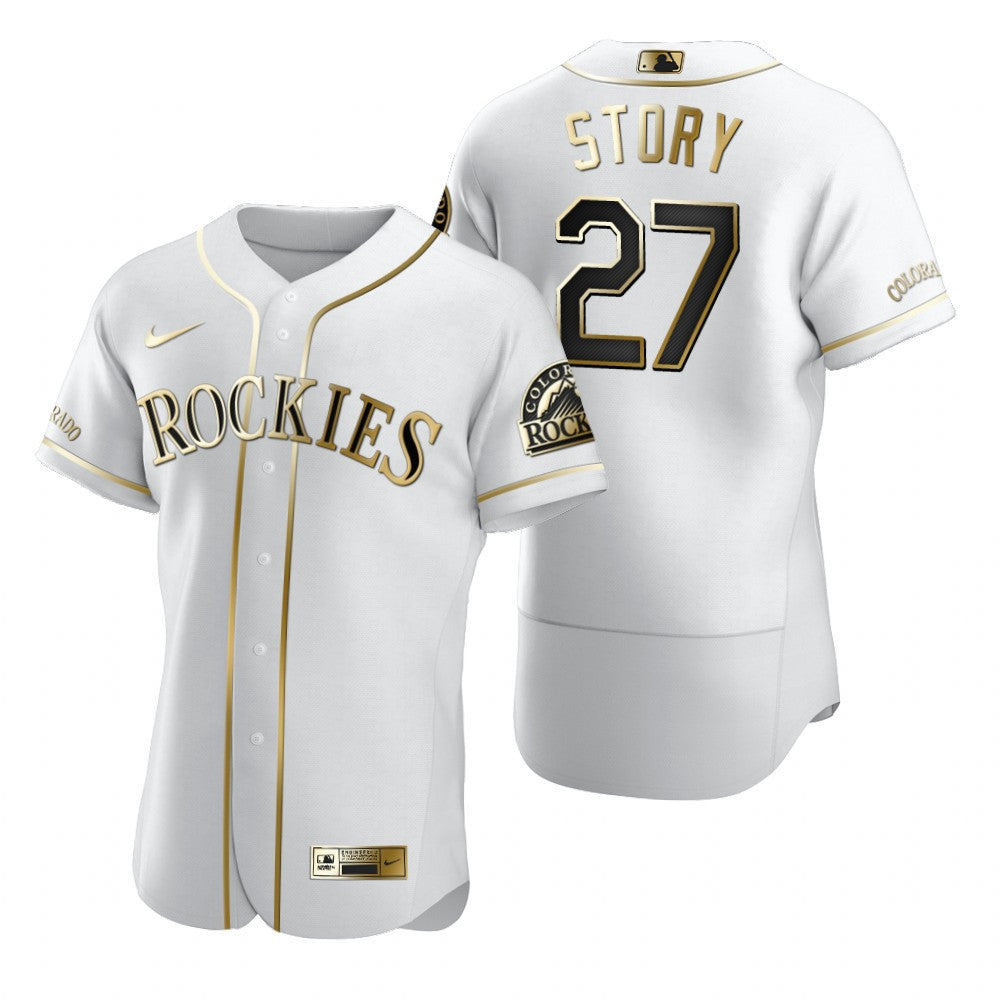 Colorado Rockies 27 Trevor Story Mlb Golden Brandedition White Jersey Gift For Rockies Fans