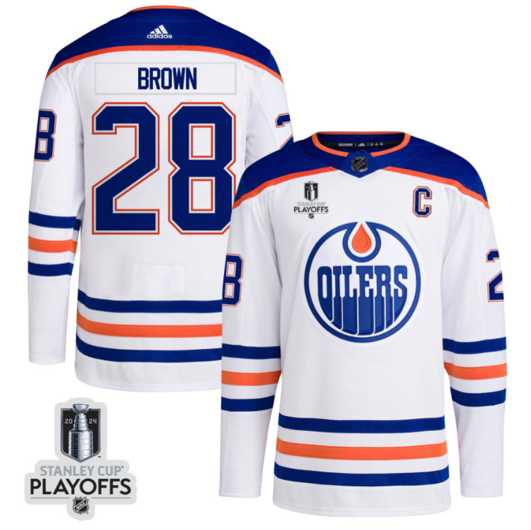 Connor Brown 28 Edmonton Oilers 2024 NHL Playoffs Patch Away Jersey Men, White