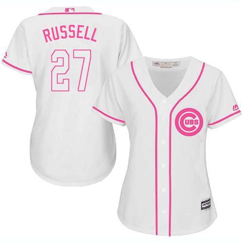 Cubs 27 Addison Russell White Pink Fashion Womens Stitched Baseball Jersey