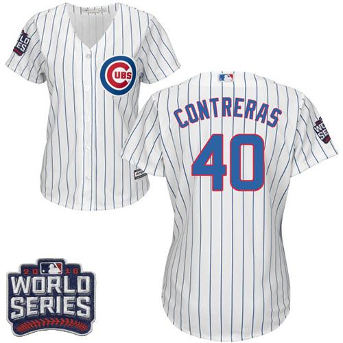 Cubs 40 Willson Contreras Whiteblue Strip Home 2016 World Series Bound Womens Stitched Mlb Jersey