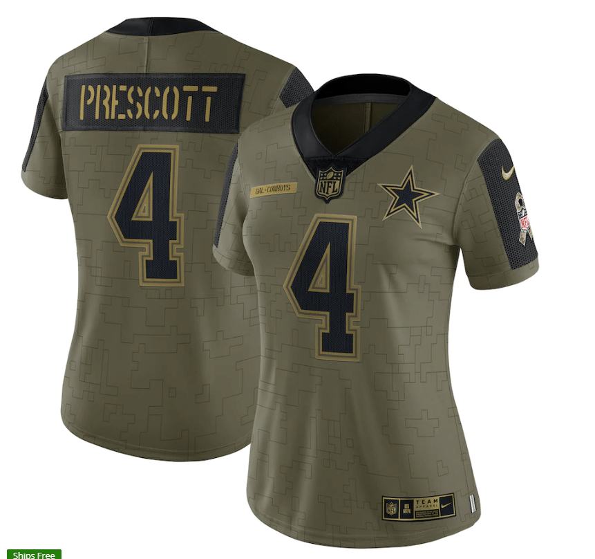 Dallas Cowboys Dak Prescott 4 Nfl Olive 2021 Salute To Service Retired Player Women Jersey For Cowboys Fans