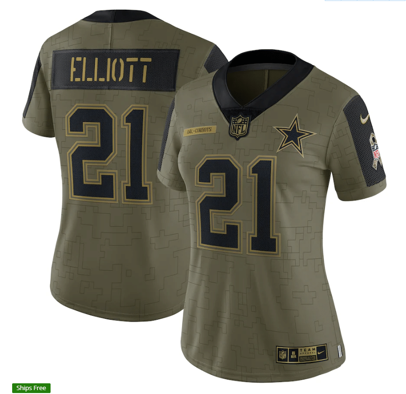 Dallas Cowboys Ezekiel Elliott 21 Nfl Olive 2021 Salute To Service Retired Player Women Jersey For Cowboys Fans