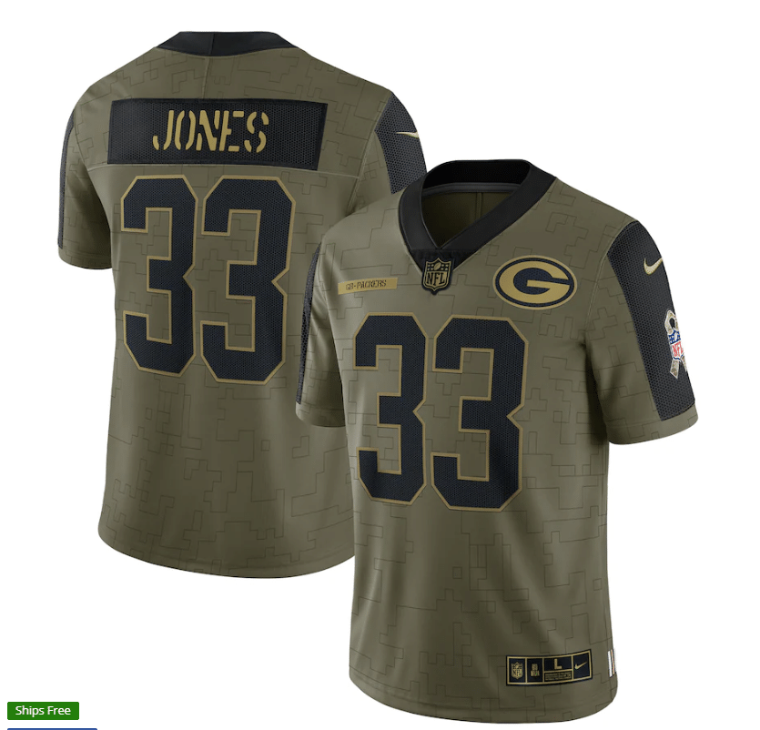 Green Bay Packers Aaron Jones 33 Nfl Olive 2021 Salute To Service Player Men Jersey For Packers Fans