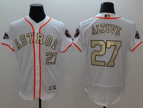 Houston Astros 27 Jose Altuve White Flexbase Authentic 2017 World Series Champions Gold Program Stitched Baseball Jersey