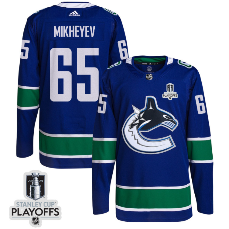 Ilya Mikheyev 65 Vancouver Canucks 2024 NHL Playoffs Patch Home Jersey Men, Bl