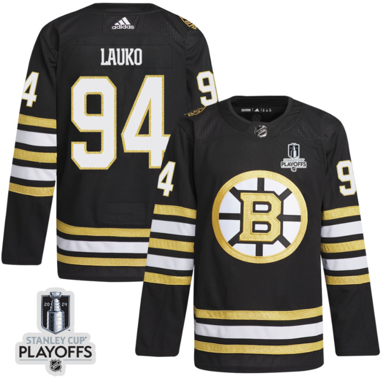 Jakub Lauko 94 Boston Bruins 2024 NHL Playoffs Patch Home Jersey Men, Black
