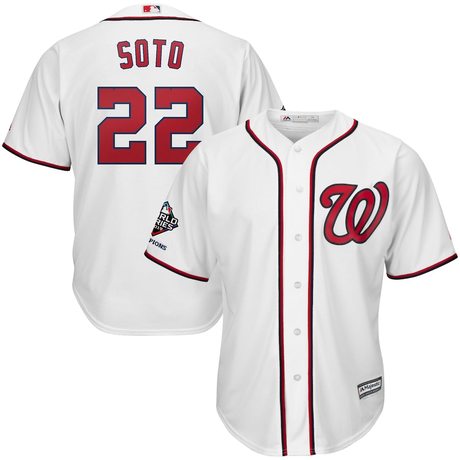 Juan Soto Washington Nationals Majestic 2019 World Series Champions Home Official Cool Base Bar Patch Player Jersey White
