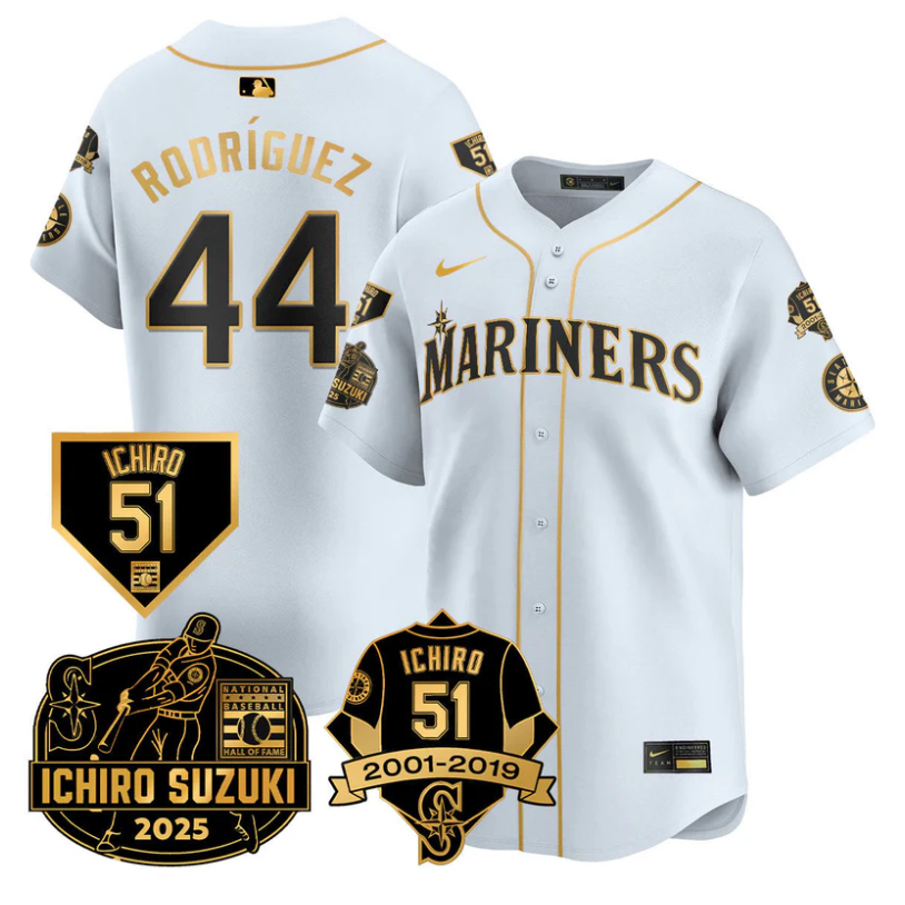 Julio Rodrguez Jersey #44 Seattle Mariners Ichiro Suzuki Stitched White Gold