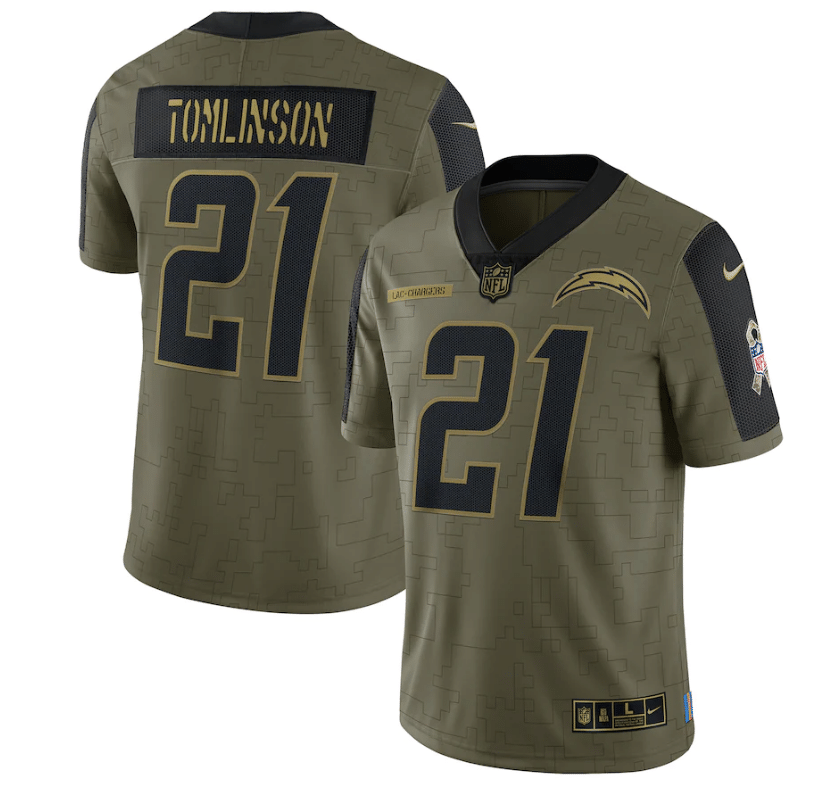 Los Angeles Chargers Ladainian Tomlinson 21 Nfl Olive 2021 Salute To Service Player Men Jersey For Chargers Fans