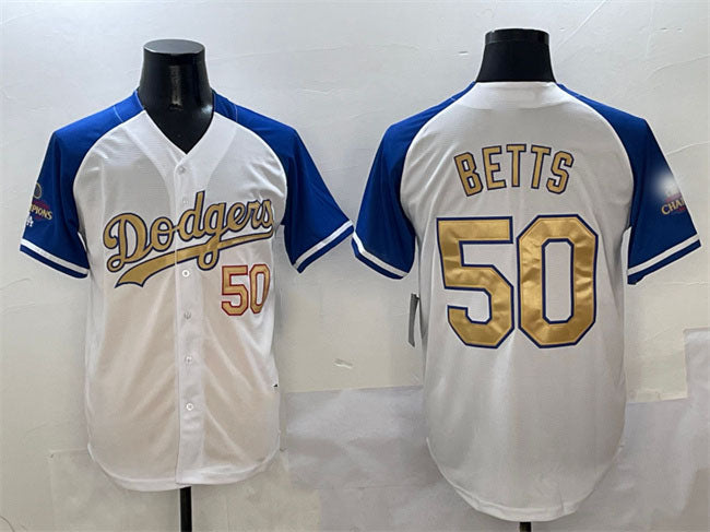 Los Angeles Dodgers #50 Mookie Betts White Royal Gold 2024 World Series Champion