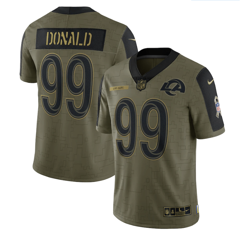 Los Angeles Rams Aaron Donald 99 Nfl Olive 2021 Salute To Service Player Men Jersey For Rams Fans