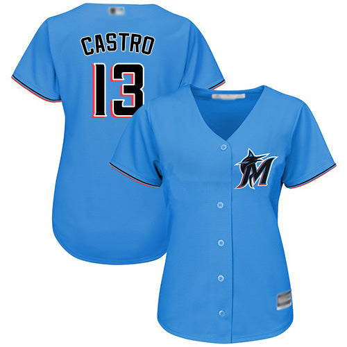 Marlins 13 Starlin Castro Blue Alternate Womens Stitched Baseball Jersey