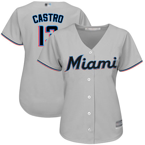 Marlins 13 Starlin Castro Grey Road Womens Stitched Baseball Jersey