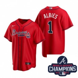 Men Nike Atlanta Braves 1 Ozzie Albies Red Alternate Stitched Baseball Stitched Mlb 2021 Champions Patch Jersey