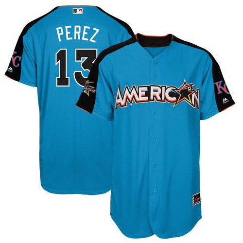 Mens American League Kansas City Royals 13 Salvador Perez Majestic Blue 2017 Mlb All star Game Home Run Derby Player Jersey