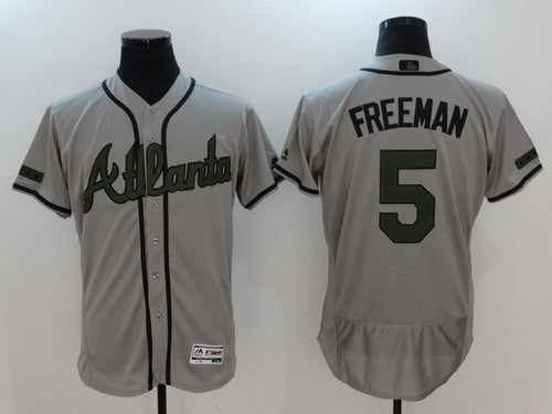 Mens Atlanta Braves 5 Freddie Freeman Gray With Green Memorial Day Stitched Mlb Majestic Flex Base Jersey