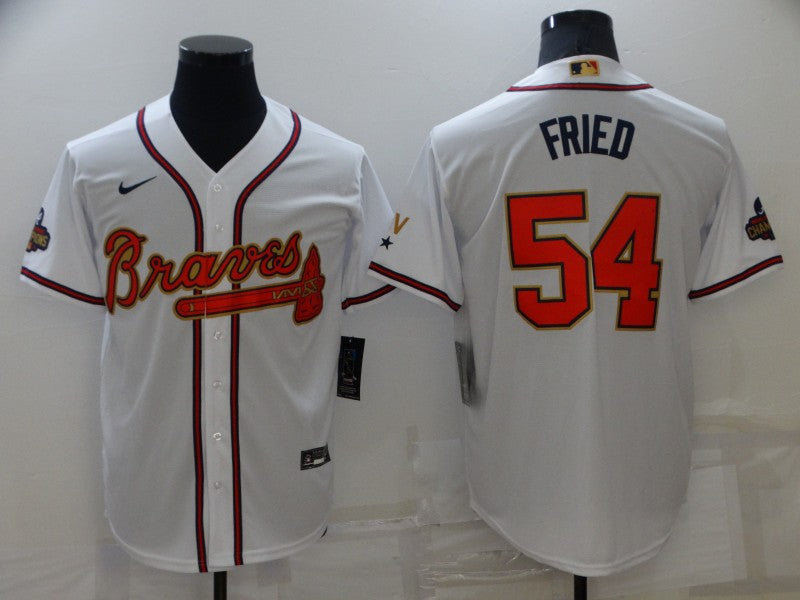 Mens Atlanta Braves 54 Max Fried 2022 White Gold World Series Champions Program Cool Base Stitched Baseball Jersey