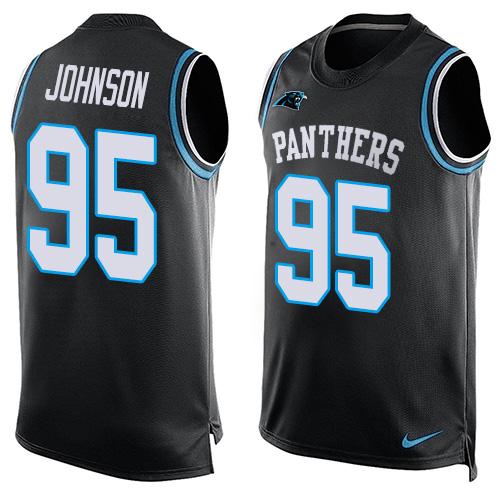 Mens Carolina Panthers 95 Charles Johnson Black Hot Pressing Player Name Number Nike Nfl Tank Top Jersey