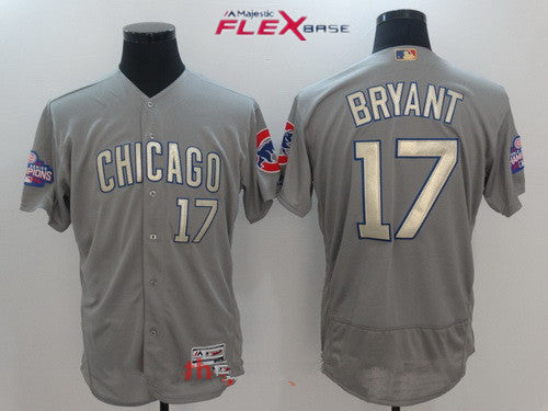 Mens Chicago Cubs 17 Kris Bryant Gray World Series Champions Gold Stitched Mlb Majestic 2017 Flex Base Jersey
