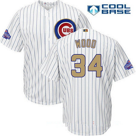 Mens Chicago Cubs 34 Kerry Wood White World Series Champions Gold Stitched Mlb Majestic 2017 Cool Base Jersey