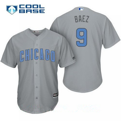 Mens Chicago Cubs 9 Javier Baez Gray With Baby Blue Fathers Day Stitched Mlb Majestic Cool Base Jersey