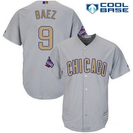 Mens Chicago Cubs 9 Javier Baez Gray World Series Champions Gold Stitched Mlb Majestic 2017 Cool Base Jersey