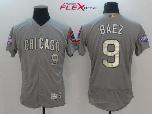 Mens Chicago Cubs 9 Javier Baez Gray World Series Champions Gold Stitched Mlb Majestic 2017 Flex Base Jersey