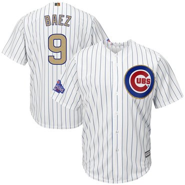 Mens Chicago Cubs 9 Javier Baez White World Series Champions Gold Stitched Mlb Majestic 2017 Cool Base Jersey