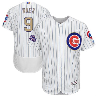 Mens Chicago Cubs 9 Javier Baez White World Series Champions Gold Stitched Mlb Majestic 2017 Flex Base Jersey