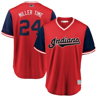 Mens Cleveland Indians 24 Andrew Miller Miller Time Majestic Red 2018 Players Weekend Cool Base Jersey