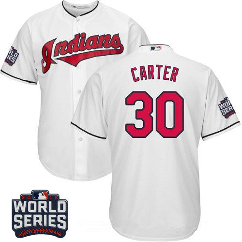 Mens Cleveland Indians 30 Joe Carter White Home 2016 World Series Patch Stitched Mlb Majestic Cool Base Jersey