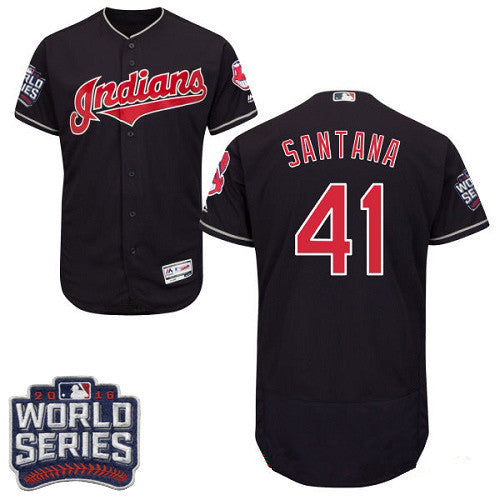 Mens Cleveland Indians 41 Carlos Santana Navy Blue 2016 World Series Patch Stitched Mlb Majestic Flex Base Jersey