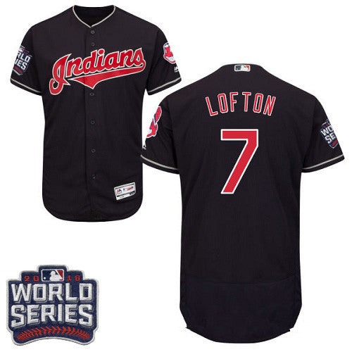 Mens Cleveland Indians 7 Kenny Lofton Navy Blue 2016 World Series Patch Stitched Mlb Majestic Flex Base Jersey