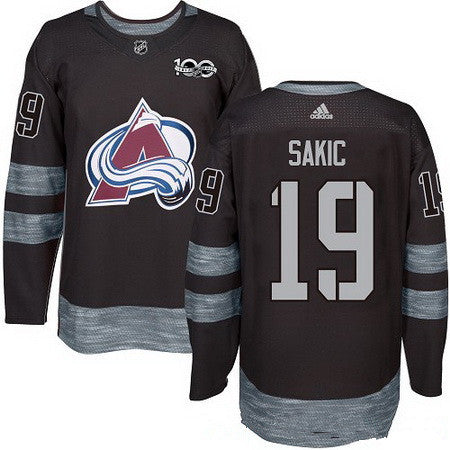 Mens Colorado Avalanche 19 Joe Sakic Black 100th Anniversary Stitched Nhl 2017 Adidas Hockey Jersey