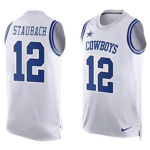 Mens Dallas Cowboys 12 Roger Staubach Nike White Printed Player Name Number Tank Top