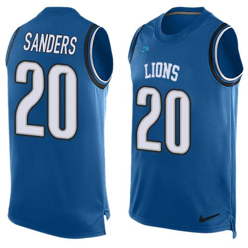 Mens Detroit Lions 20 Barry Sanders Light Blue Hot Pressing Player Name Number Nike Nfl Tank Top Jersey