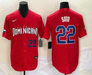 Mens Dominican Republic Baseball 22 Juan Soto Number 2023 Red World Classic Stitched Jerseys