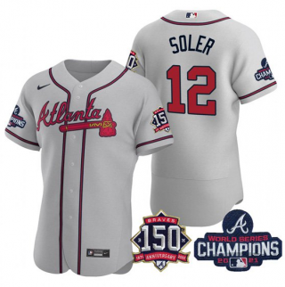 Mens Grey Atlanta Braves 12 Jorge Soler 2021 World Series Champions With 150th Anniversary Flex Base Stitched Jersey