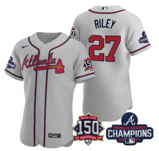Mens Grey Atlanta Braves 27 Austin Riley Swanson 2021 World Series Champions With 150th Anniversary Flex Base Stitched Jersey
