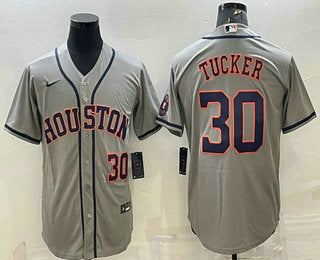 Mens Houston Astros 30 Kyle Tucker Number Grey With Patch Stitched Mlb Cool Base Nike Jersey