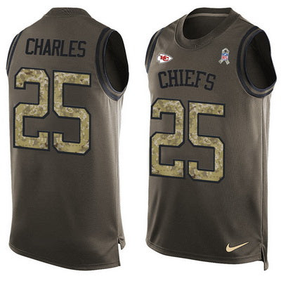 Mens Kansas City Chiefs 25 Jamaal Charles Green Salute To Service Hot Pressing Player Name Number Nike Nfl Tank Top Jersey