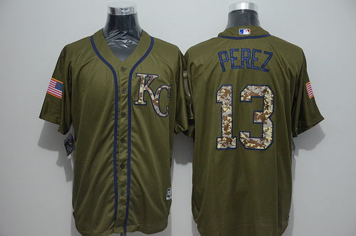 Mens Kansas City Royals 13 Salvador Perez Green Salute To Service Majestic Baseball Jersey